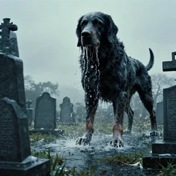 the giant dog creature, at the graveyard, water caustics, film still from the movie directed by denis villeneuve and david cronenberg with art direction by h. r. giger and salvador dali, wide lens