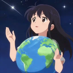 anime portrait of earth - chan!!! looking far away on space, hands raised, shooting stars, art station, ( ( ( blurred, highly detailed, chibi ) ) ), illustration, stars and galaxies, cinematic!!!