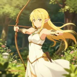 isekai cute anime girl elven archer. in a garden. aesthetic, golden ratio. beautiful lineart, depth focus, rankings pixiv, artstation, soft lighting, srgb, 4 k artstation, hdr, cinematic, motion blur, marmoset, blender 3 d, by dave greco, trent kaniuga, kienan lafferty