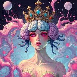 empress with gelatin brains and crown, surrounded by vortices micro water, pixiv fanbox, dramatic lighting, maximalist pastel color palette, splatter paint, pixar and disney concept, graphic novel by fiona staples and dustin nguyen, peter elson alan bean wangechi mutu, clean cel shaded vector art, on artstation