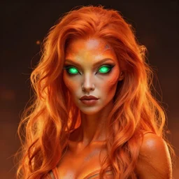 beautiful female alien with glowing green eyes, orange skin and long fiery hair, concept art by Martine Johanna, highly detailed, ultra detailed, ultra realistic, trending on artstation