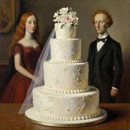 ! dream wedding cake by magritte and de chirico, surreal oil painting, hyper detailed, masterpiece 4 k