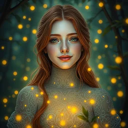 young woman, serene smile surrounded by golden firefly lights, amidst nature fully covered by a intricate detailed dress, long loose red hair, precise linework, accurate green eyes, small nose with freckles, smooth oval shape face, empathic, expressive emotions, spiritual scene, hyper realistic ultrafine art by artemisia gentileschi, jessica rossier, boris vallejo