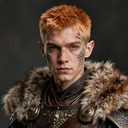 portrait painting of an elven young man with short light orange hair and tribal tattoos on cheekbones wearing fur armor, ultra realistic, concept art, intricate details, eerie, highly detailed, photorealistic, octane render, 8 k, unreal engine. art by artgerm and greg rutkowski and charlie bowater and magali villeneuve and alphonse mucha