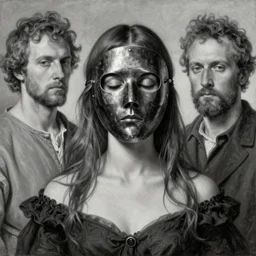 The beautiful woman with closed eyes in steel full-face occult mask by Ilya Repin, William Blake, Michelangelo da Caravaggio and Beksinski, medium shot, grisaille, highly detailed oil painting, 4k, masterpiece