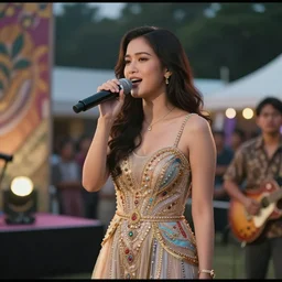 Indonesia video clip, Color VHS footage. A woman singing on the small stage in outdoor at festival