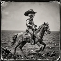 tintype photo, bottom of the ocean, cowboy riding alien