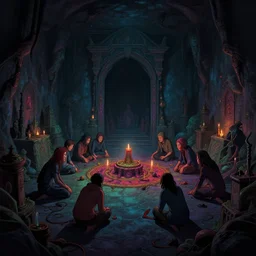 A room with a darkened doorway in the endless grimdarkest dungeon depths. trending on artstation, vibrant palette, highly detailed digital illustration. Stumbling upon an occult Cthulhu worship ritual site.