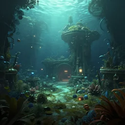 dramatic landscape of an underwater garden habitat in the shade. intricate subnautica base, trending on cgsociety, peaceful atmosphere, natural volumetric lighting, exaggerated detail, wide angle, octane render, raytraced realistic