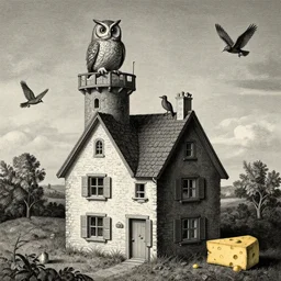 a house with a tower, owl, birds, cheese, lowbrow in the style of mark ryden and francisco de goya,