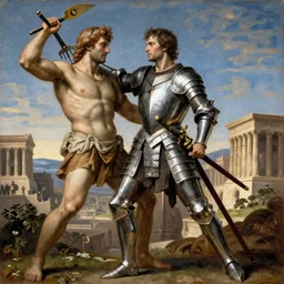 renaissance painting of oscar isaac in armor playing achilles, ancient city in background, ultra detailed, movie poster, in the style of leonardo davinci