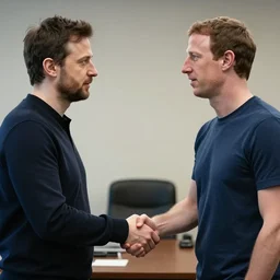 pavel durov and mark zuckerberg are standing in the room opposite each other, shaking hands, confrontation, pavel durov and his friend mark zuckerberg, technology realism, 8 k detail, soft light, depth of field, focus