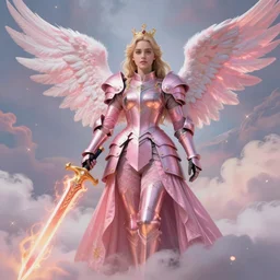 gorgeous!! hyper - realistic woman resembling emilia clarke as a princess wearing ornate pink knight armor, angel wings, angemon l holding a fiery long sword | divine, elegant, ethereal, heavenly, clouds, holy, fantasy | illustration, intricate, high detail, ultra graphics, digital painting | drawn by wlop, drawn by jeehyung lee, drawn by artgerm