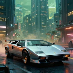 cyberpunk city, cyberpunk car lamborgini counatch, blade runner style, visual by operator roger deakins, by neill blomkamp, elysium, detailed,