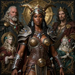realistic vibrant clear waist up portrait of a powerful dark skin female barbarian by donato giancola mike mignola jeff easley peter elson rene magritte, embellishments by maria sibylla merian, dungeons and dragons, baroque, gothic, surreal, highly detailed, intricate complexity, epic composition