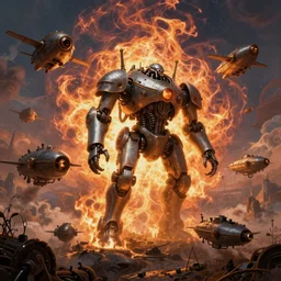 Steampunk Mech Robot Airships Fleet in a epic battle. By Joseph Mallord William Turner, fractal flame, psychedelic, highly detailded