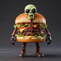 a humanoid bipedal upright zombie that strongly resembles a hamburger, professional food photography