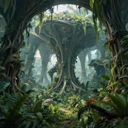 epic alien jungle by zdzisław beksinski, greg rutkowski inside a giant futuristic structure by zaha hadid, futuristic organic shapes combined with lush flora
