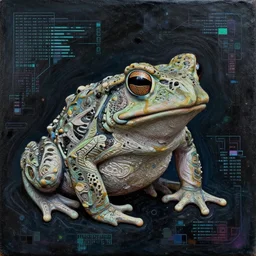 toad, error, tribal, shape of frogs, artwork, abstract, acrylic, oil, clay, line work, mixed, stipples, glitch, pixels, geometry, data, datamosh, data, cybernetic, splotches, painting, dark, eerie, cyber, latitude and longitude
