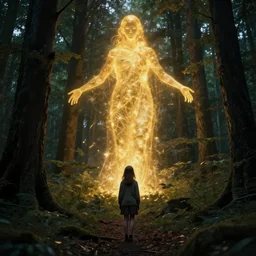 a young girl lost in the woods encounters a gigantic glowing golden manifestation of the spirit of the forest at night. Jordan Grimmer. Geoffroy Thoorens