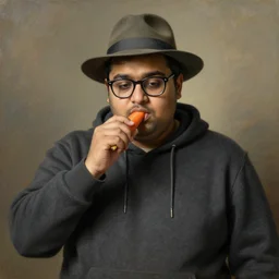 obese sad indian nerdy guy with glasses wearing a hoodie and a fedora and eating a carrot, painting by gustave courbet