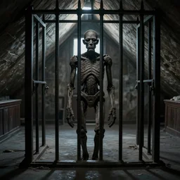 a disturbing, melancholy photograph of a solemn, lonely humanoid golem locked up in a synagogue attic