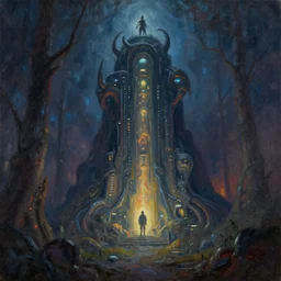 futuristic cyberpunk gormenghast, volumetric light, oil on canvas