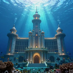 a fantastic atlantis palace under the sea, light effect, tyndall effect, fishes, by mike winkelmann, high - definition picture, trending on artstation, blue green color water