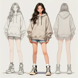 beautiful girl in oversized hoodie, shorts and high top sneakers, long hair, artstation concept painting character design