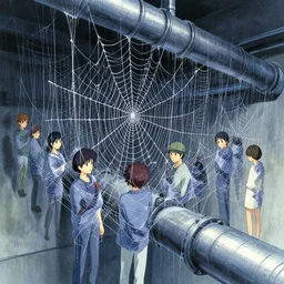 anime movie scene, mamoru oshii, otomo, ultra wide, vanishing point, people wrapped up in web hanging, watercolor, spiderwebs, arachnophobia, dripping, sewer pipe entrance, giant spider foreground, shelob, sun beam, dusty volumetric light, back lit, paper texture, spider nest, deserted shinjuku junk, brutalist, golden ratio