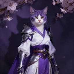 portrait of a cat warrior in purple and white clothing, armored. bloom, dramatic lighting, shadows. dark fantasy, digital painting, hd, 4 k, detailed.