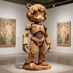 octane render ultra photorealistic hyper detailed, intricate a very very sculpture cute wooden mystical statue robot of the roman natural vegetal cyberpunk a contemporary art gallery in neo tokyo artwork alphonse mucha