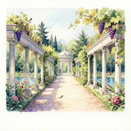 isomeric view, delicate, colonnade in a botanic garden, garden road, lake, sparrows, temple in a botanical herbarium paper, watercolor colored painting, iridescent colors, 8 k, realistic shaded, fine details, artstation, italian style, grapes, flowers, architecture, roma