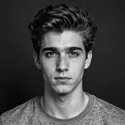 black and white head shot, studio photograph of a young male symmetrical handsome andrea belluci the painter artist, casual clothes, anxiety and depression, intricate, elegant, highly detailed, hyper realistic, dark background, flickr, smooth, 4 k, 3 0 0 dpi, sharp focus, shot by canon
