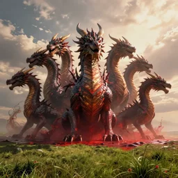 mystical creature, monster, dragon, beast rising from the sea of blood, many horns, many heads, landscape, cinematic view, epic sky, detailed, concept art, low angle, high detail, warm lighting, volumetric, godrays, vivid, beautiful, trending on artstation, by jordan grimmer, huge scene, grass, art greg rutkowski