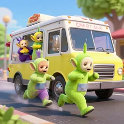 iconic zombie teletubbies, getting run over by an ice cream truck, 3 d octane render, epic composition, amazing detail, cute zombie teletubbies running away from ice cream truck, hdr, octane 3 d render, pixar style, pixar animated movie, ice cream truck running over them