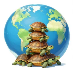 a stack of turtles beneath a flat earth, round map