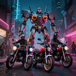 a neon lit - african urban street with motorcycles and giant mecha,