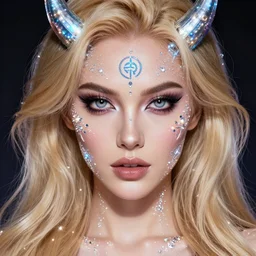 beautiful blonde female demon, studio lighting, perfect eyes, detailed face, comic cover art, magic, technology, sigils, leds, shimmer, diamonds dust, rhinestones,