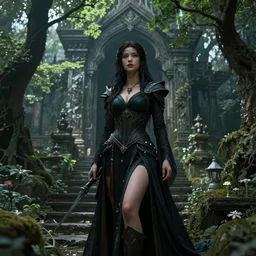 Beautiful art portrait of a female fantasy sorceress in a dark mystical fantasy temple surrounded by lush spring time forest ,masterpiece, trending on artstation unreal 5, DAZ, hyperrealistic, octane render, dungeons and dragons, dynamic lighting