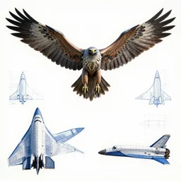 a mechanized hawk with wings spread out, orthographic view, top down view, bottom view, side view, blueprints, mecha, jet fighter, space shuttle, robotic, highly detailed, artstation, super realistic, unreal engine