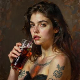 beautiful young woman in soda water, tattoos, in the style of irakli nadar, stern, warm, oil paiting, deep mood, hyperrealism, epic and cinematic