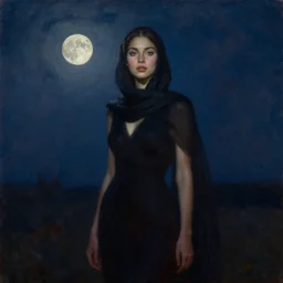 lush celestial twilight portrait in mysterious femininity, ethnic, clear eyes, statuesque, gazelle - like, confident realistic face, radiant skin, dark gown and scarf, svelte fashion design, bathed in moonlight, chiaroscuro, impressionism, silhouette, subtle highlights, deep rich hues, oil on canvas