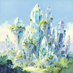 beautiful futuristic crystal architecture with organic shapes, plants growing on it. gouache, limited palette with complementary colors, by award - winning mangaka, backlighting, depth of field.