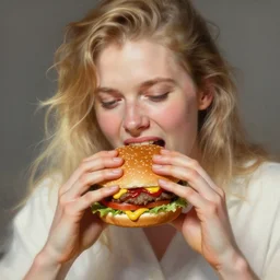 portrait of robert mitchum biting a giant hamburger eating a big mac hamburger with extra ketchup and mustard lettuce and tomato, divine feminine ethereal light, highly detailed, lifelike, photorealistic, digital painting, artstation, illustration, smooth, sharp focus, art by collier, albert aublet, krenz cushart, artem demura, alphonse mucha