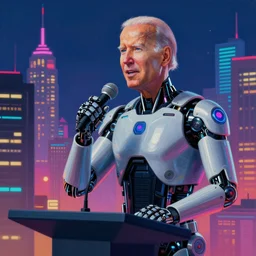 A cyberpunk cybernetically-enhanced android Joe Biden giving a speech to a city, pop art, synthwave, painting