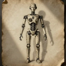 technical drawing of ancient womanized humanoid robot, symmetrical, anatomically correct, old historical photo, ancient paper, photorealistic