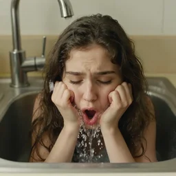 sadie sink face popping out of a kitchen sink