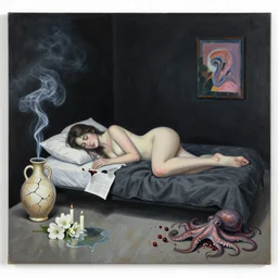 bedroom with black walls and a futon, sensual portrait of a woman sleeping, cracked handmade pottery vase, torn paper smouldering smoke, candles, white flowers on the floor, puddle of water, octopus, squashed berries, neo - expressionism, surrealism, acrylic and spray paint and oilstick on canvas