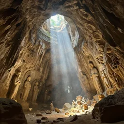 a beautiful vista of a massive cave with beautiful intricate carvings, god rays, fog, volumetric lighting, by jules bastien - lepage, daniel gerhartz, detailed, greg rutkowski, rembrandt, 8 k
